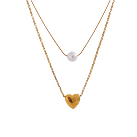 A double-layer stainless steel necklace with a delicate heart pendant and a luminous imitation pearl, featuring a rust-proof and tarnish-resistant finish for timeless elegance.