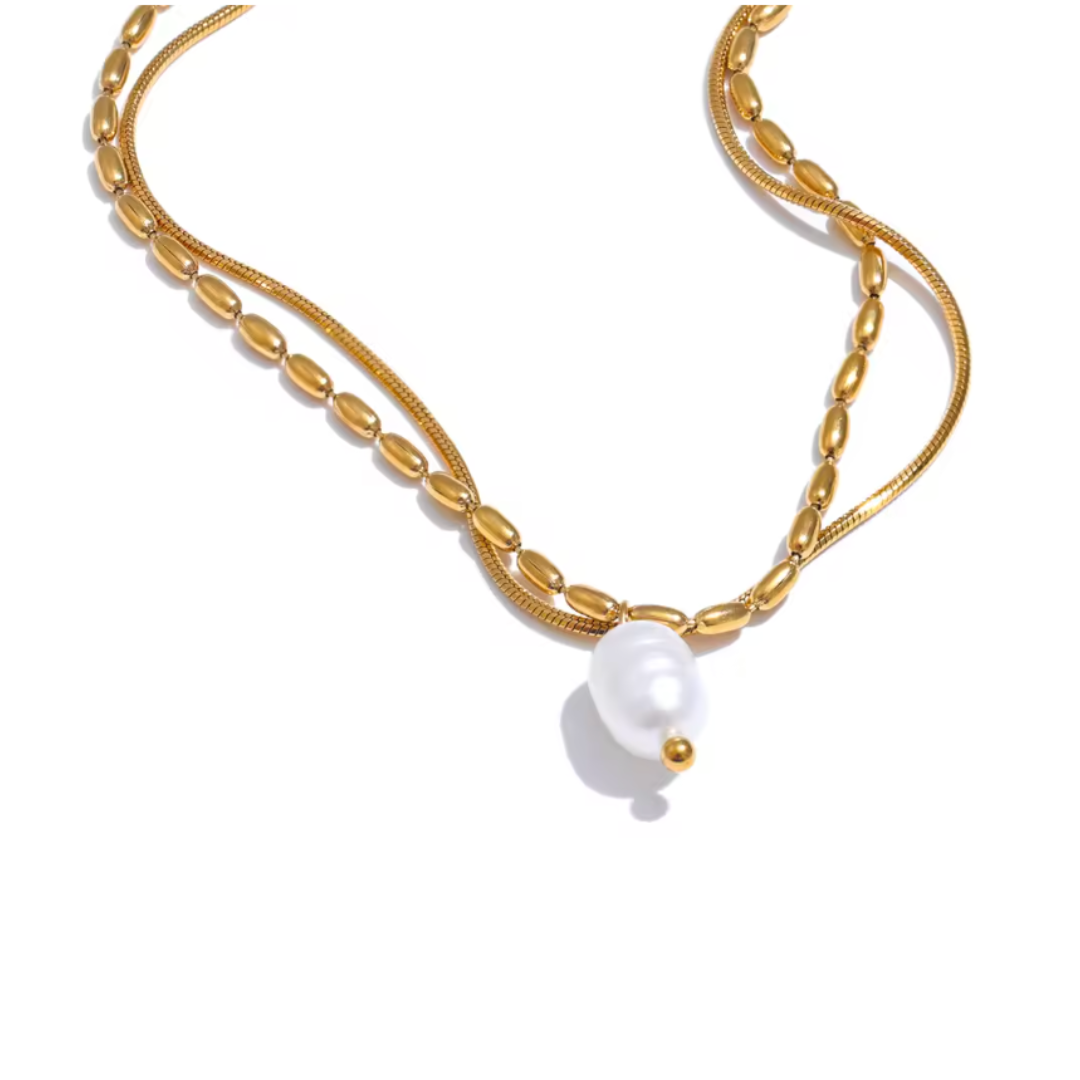 A double-layered stainless steel necklace featuring a natural pearl pendant, designed for timeless elegance with a tarnish-resistant finish. Perfect for everyday sophistication.