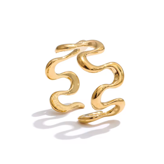 A rust-proof gold stainless steel ring with a wave-inspired, irregular open design. The adjustable band offers a chic, minimalist look, perfect for adding sophistication to any outfit.